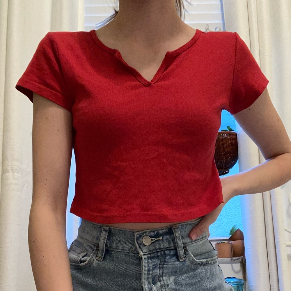 Brandy Melville Red Notched Crop Top